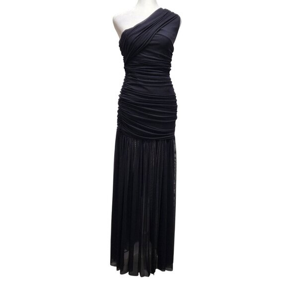 One-Shoulder Black Ruched Evening Gown With Sheer Skirt Size S - Picture 1 of 9